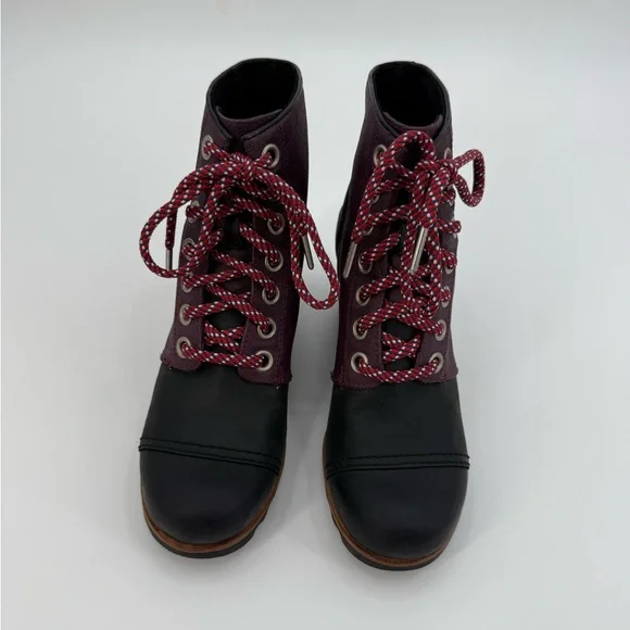 SOREL Lexie Waterproof Leather Wedge Burgundy & Black Wedge Ankle Boots SZ 8.5 - Picture 4 of 16
